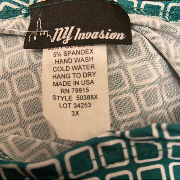 New York Invasion Plus Size 3x Green & White Print Pullover Waist Belted Dress - Picture 5 of 5